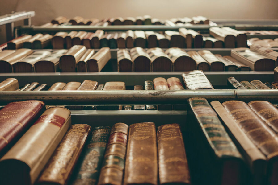 Looking up at shelves filled with books